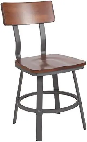 Flash Furniture Flint Series Rustic Walnut Restaurant Chair with Wood Seat & Back and Gray Powder Coat Frame
