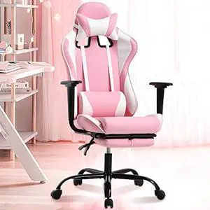 Pink Gaming Chair Office Chair Desk Chair for Girls, High Back Ergonomic PC Racing Chair w/Lumbar Support & Retractable Footrest PU Leather Recliner Swivel Cute Computer Game Chair for Women