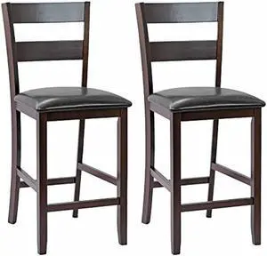 COSTWAY Set of 2 Bar Stools, 25 Counter Height Kitchen Dining Pub Chairs with Soft Padded Seat, PU Leather Cover & Rubber Wood Legs, Suitable for Dining Room, Restaurant & Cafe Store (2)