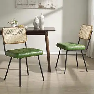 Art Leon Boho Dining Chairs Set of 2 - Mid Century Modern Dining Room Chairs with Rattan Back, Faux Leather Armless Kitchen Chairs Rattan Chair, Green