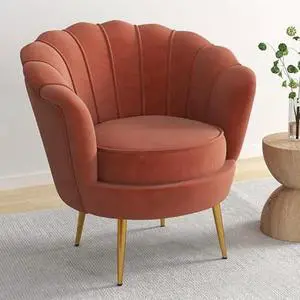 DAGONHIL Mid Century Modern Upholstered Accent Chair,Petal Vanity Chair,Retro Leisure Velvet Single Sofa with Golden Metal Legs for Living Room/Bedroom/Makeup Room, Rose Pink
