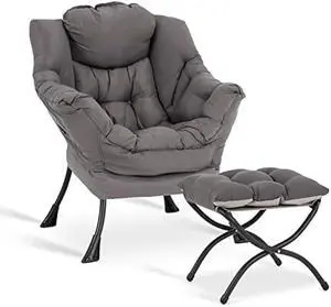 LITA Lazy Chair with Ottoman, Modern Accent Leisure Upholstered Lazy Sofa Armchair, Contemporary Lounge Reading Chair with Armrests and a Side Pocket for Living Room, Bedroom & Small Space, Dark Grey