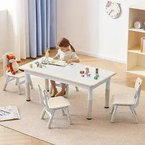 Kids Study Table and Chairs Set, Height Adjustable Toddler Table and Chair Set for Kids Ages 3-8, Graffiti Desktop (Burlywood - 1)
