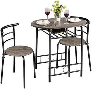 Topeakmart 3 Piece Kitchen Table Set - Dining Table Sets for 2 - Compact Table and Chairs w/Steel Frame & Shelf Storage for Small Spaces, Apartment,Bistro - Drift Brown