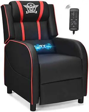 POWERSTONE Gaming Recliner Chair, Reclining Gaming Chairs for Adults Ergonomic Leather Sofa with Footrest Lumbar Support Headrest and Side Pouch for Living Room Home Theater, Red