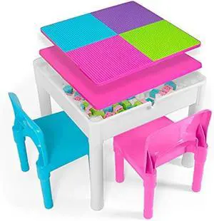 Play Platoon Kids Table and Chairs Set, Toddler 5 in 1 Pastel Activity Table - Sensory, Water, Art, Picnic, Blocks with Storage for Girls Ages 2 to 8 - with Pink and Blue Chairs