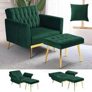 Velvet Accent Chair with Adjustable Armrests and Backrest, Button Tufted Lounge Chair, Single Recliner Armchair with Ottoman and Pillow for Living Room, Bedroom, Green