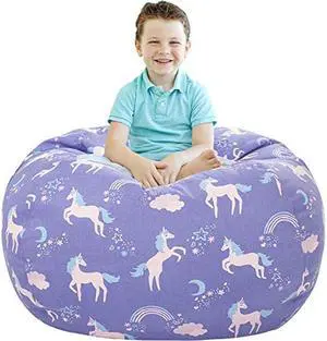 Aubliss Stuffed Animal Storage Bean Bag, Unicorn Bean Bag Chair, Stuff 'n Sit for Kids, Large 38-Canvas Unicorn Blue