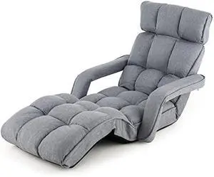 KOMFOTT Foldable Floor Lazy Sofa, Indoor Chaise Lounge Sofa with 6 Adjustable Positions, Folding Chair Bed with Adjustable Armrests, Backrest & Footrest, Ideal for Living Room, Bedroom (Grey)
