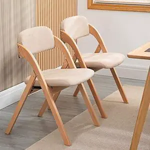HOMEFUN Folding Chairs with Padded Seats, Wooden Stackable Dining Chair Set of 2 with Removable Cover Extra for Guests Kitchen Office Wedding Party Picnic, Khaki