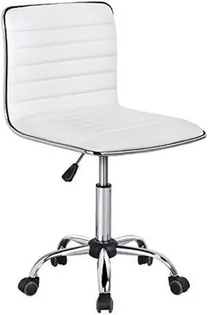 Topeakmart PU Leather Low Back Armless Desk Chair Ribbed Armless Swivel Task Chair Office Chair Wheels White