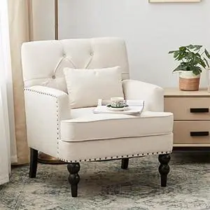 HUIMO Tufted Club Chair,Accent Chair with Lumbar Pillow, Upholstered Button Armchair, Linen Fabric Sofa Chairs for Bedroom, Living Room, Mid Century Modern with Studded Reading Chair Beige