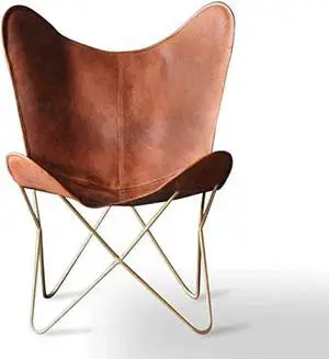 Shy Shy Lets Touch The Sky Leather Living Room Chairs- Brown Leather Butterfly Chair-Handmade with Powder Coated Iron Frame (Cover with Folding Frame) (Golden Frame)