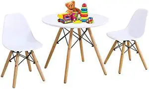 Costzon Kids Table and Chair Set, 3-Piece Kids Mid-Century Modern Style Table Set with Wood Legs for Dining Drawing Playing, Toddler Table and Chairs (White, Table & 2 Chairs)