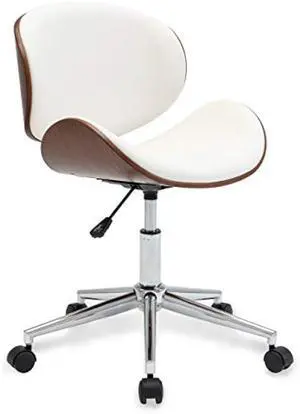 BELLEZE Mid-Century Modern Desk Chair, Contemporary Office Bentwood Style Wingback Seating, Minimalist Adjustable Vintage Replica with Swivel, Faux Leather and Walnut - Avalon (White)