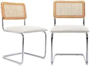 ONEVOG Upholstered Boucle Dining Chairs Set of 2, Sturdy Rubber Wood Frame Cane Chairs, Comfy Kitchen Chairs with Natural Cane Back, Stainless Chrome Base for Dining Room, Club, Waiting Room