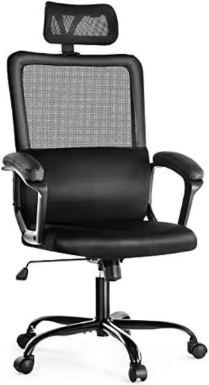 OLIXIS Home Office Chair Ergonomic Computer Desk Chair Mesh High Back Adjustable Height Executive Task Chair with Lumbar Support, Headrest, Padded Armrest, 360° Swivel Rocking Function,Black
