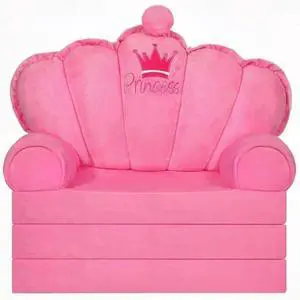 Pink Princess Toddler Couch Fold Out, 2-in-1 Foldable Sofa Bed & Chair for Kids 1-5, Comfy Crystal Velvet Kids Lounge Chair for Playroom, Gift