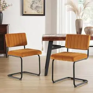 ONEVOG Velvet Dining Chairs Set of 2, Upholstered Kitchen Dining Room Chair, Comfy Chair with Black Metal Legs, Cantilevered Design Chair for Bedroom, Living Room (Orange)