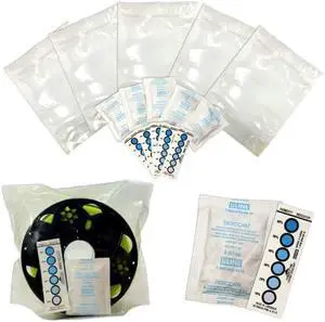 3D Printer Filament Storage Kit (Pack of 5) Includes: 5 Resealable Nylon/LDPE Gusseted Plastic Bags, 5 Large Oversize Rechargeable Clay Desiccant Drying Packs, 5 Humidity Indicator Cards