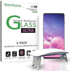 amFilm Ultra Screen Protector for Galaxy S10, UV Gel Application, Tempered Glass, Compatible with UltraSonic Fingerprint Scanner for Galaxy S10 (2019), 2 Pack