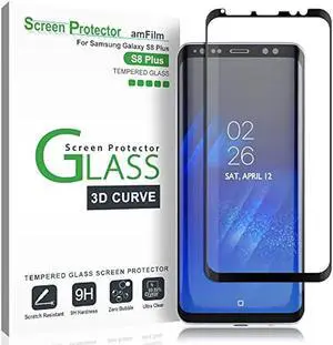 amFilm Glass Screen Protector for Samsung Galaxy S8 Plus, 3D Curved Tempered Glass, Dot Matrix with Easy Installation Tray, Case Friendly (Black), 1 Pack
