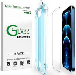 amFilm OneTouch Screen Protector for iPhone 12 Pro Max (6.7, 2020) with Easy Installation Kit, Tempered Glass, 2 Pack