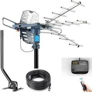 PBD Digital Outdoor TV Antenna, 150 Miles Range, 360° Rotating Directional Motor with Remote Control, Dual TV Support, Mounting Pole, 40FT RG6 Cable, UHF/VHF Reception