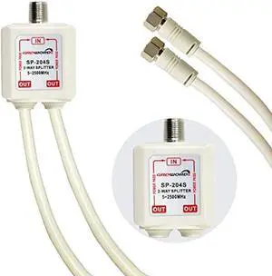 Satellite Splitter 5-2500MHz, 2-Way CATV Splitter with RG6 Coaxial Cable and 2 Connectors, for Pass Power to LNB, Improve HD TV Satellite Antenna Signal Quality, Corrosion Resistant
