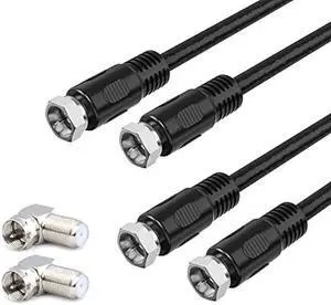 Coaxial Cable 1ft, Short Coax Cable 1 Foot, 0.3m 2-Pack with Right Angle Connectors, Black 75 Ohm Shield Digital RG6 Cables with F-Male Connectors for TV Antenna