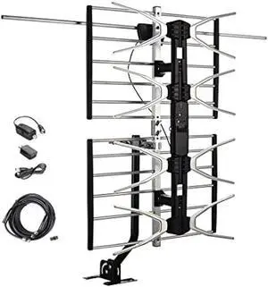 Digital HDTV Outdoor Amplified Antenna - 150 Miles Range - Mounting Pole & 40 feet RG6 Coaxial Cable Included - Optimized Performance in UHF & VHF - Tools Free Installation
