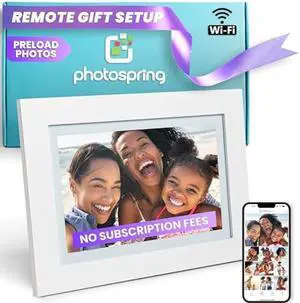 PhotoSpring Classic Subscription Free 10in WiFi Digital Picture Frame | Send Photos by Email, App, or Web | Touchscreen & 32GB Internal Memory | Play Videos up to 5 min | White