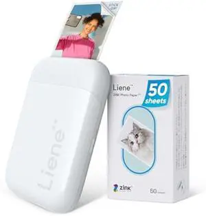 Liene 2x3 Photo Printer, Mini Instant Portable Color Mono Picture Printer Bundle 50 Zink Adhesive Paper, Bluetooth 5.0, Compatible w/iOS & Android, Small Phone Sticker for iPhone, Smartphone, White