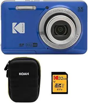 KODAK PIXPRO Friendly Zoom FZ55-BL 16MP Digital Camera with 5X Optical Zoom 28mm Wide Angle and 2.7 LCD Screen (Blue) Bundle with Protective Case, 32GB Memory Card (3 Items)