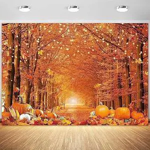 7x5FT Polyester Fall Autumn Photo Backdrop for Photography Autumn Forest Scenery Maple Leaves Pumpkins Background Fall Thanksgiving Day Friendsgiving Party Decorations Fabric