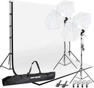 SLOW DOLPHIN 10 x 8.5 ft Photography Photo Video Studio Background Stand Support Kit with Muslin Backdrop (White Black), 5500K 85W LED Blub, Umbrella Lighting Kit for Studio, Portrait, Video Shooting