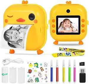 AURTEC Instant Camera for Kids - Mini Thermal Printing, No Ink Required, 48MP Dual, 1080P HD Video, 32G TF Card, 3 Print Paper, 2.4 Inch Color Screen, Cute Animal Cartoon Design, Duck