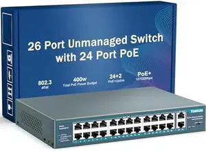 Yuanley 24 Port PoE Switch with 2 Gigabit Ethernet Uplink Port, Unmanaged 26 Port 802.3af/at 400W Power PoE+ Network Switch, Rackmount Plug and Play