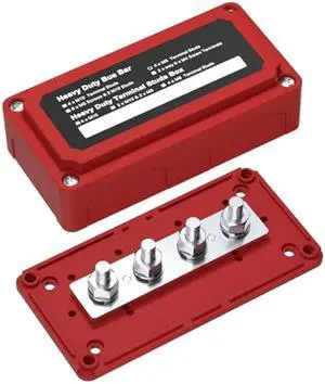 300A Bus Bar Box Heavy Duty Module Design Nickel Plated Brass Buss Battery Power Distribution 4xM8(5/16) Stainless Steel Terminal Studs Marine Ground DC12 24 48VRed