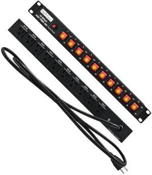 10 Outlets Horizontal 1U PDU Rackmount Power Strip - 10 Individual Led Switches, 100V-250V-1800 Joules, w/ 6 ft Power Cord for OfficeHome and Network Server