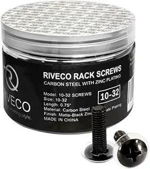 RIVECO 100PCS 10-32 Rack Screws for Server Cabinets & Racks Tapered Holes Mounting Network Equipment Audio Devices, Carbon Steel Black
