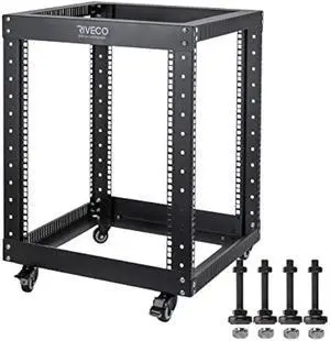 12U Server Rack Open Frame with Casters-RIVECO 4 Post Quick Assembly 19-inch, Data Rack Network Shelf Cabinet Heavy Duty Black