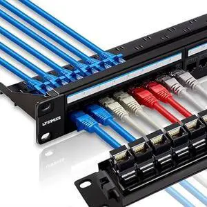 24 Port RJ45 Patch Panel Cat6 Feed Through, Coupler Network Panel 19 Inch, Inline Keystone Ethernet Patch Panel with Back Bar