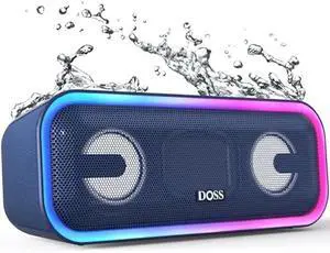 DOSS SoundBox Pro+ Bluetooth Speaker with 24W Impressive Sound, Booming Bass, IPX6 Waterproof, 15Hrs Playtime, Wireless Stereo Pairing, Mixed Colors Lights, 66 FT- Blue