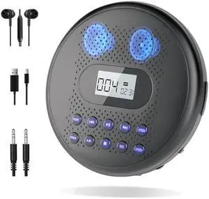 ARAFUNA Portable CD Player with Dual Stereo Speakers, Rechargeable Compact CD Player for Car with Anti-Skip Protection, Headphones and AUX Cable