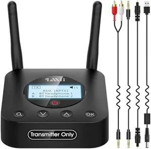 1Mii B06TX+ Long Range Bluetooth 5.2 Transmitter for TV/PC/Projector to 2 Wireless Headphones/Speakers, Bluetooth Adapter for TV w/Screen Display Plug n Play, aptX Low Latency & HD Audio