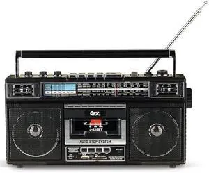 QFX J-220BT Boombox MP3 Conversion from Radio to Cassette with 4-Band (AM, FM, SW1, SW2) Radio with Bluetooth, Rechargeable Battery, Dual 3 Speakers, Built-in Microphone, Recorder, 3-Band Equalizer