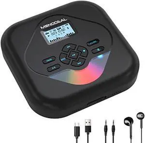 MONODEAL CD Player Portable,Bluetooth CD Player with Speakers,Rechargeable Player for Car and Home,Small Anti-Skip Player with Dual Headphone Jacks,WAV/FLAC/MP3/CD Compatible