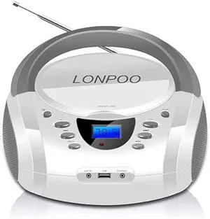LONPOO CD Players Portable Boombox with FM Radio/USB/Bluetooth/AUX Input and Earphone Jack Output, Stereo Sound Speaker & Audio Player,White