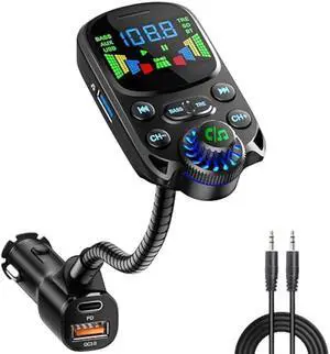 Bluetooth 5.3 FM Transmitter for Car SOARUN Bluetooth Car Adapter PD30W & USB Port Fast Charge, HiFi Treble & Bass Player, 1.6 Display Hands-Free Calling Truck Radio with AUX Input/Output, TF Card